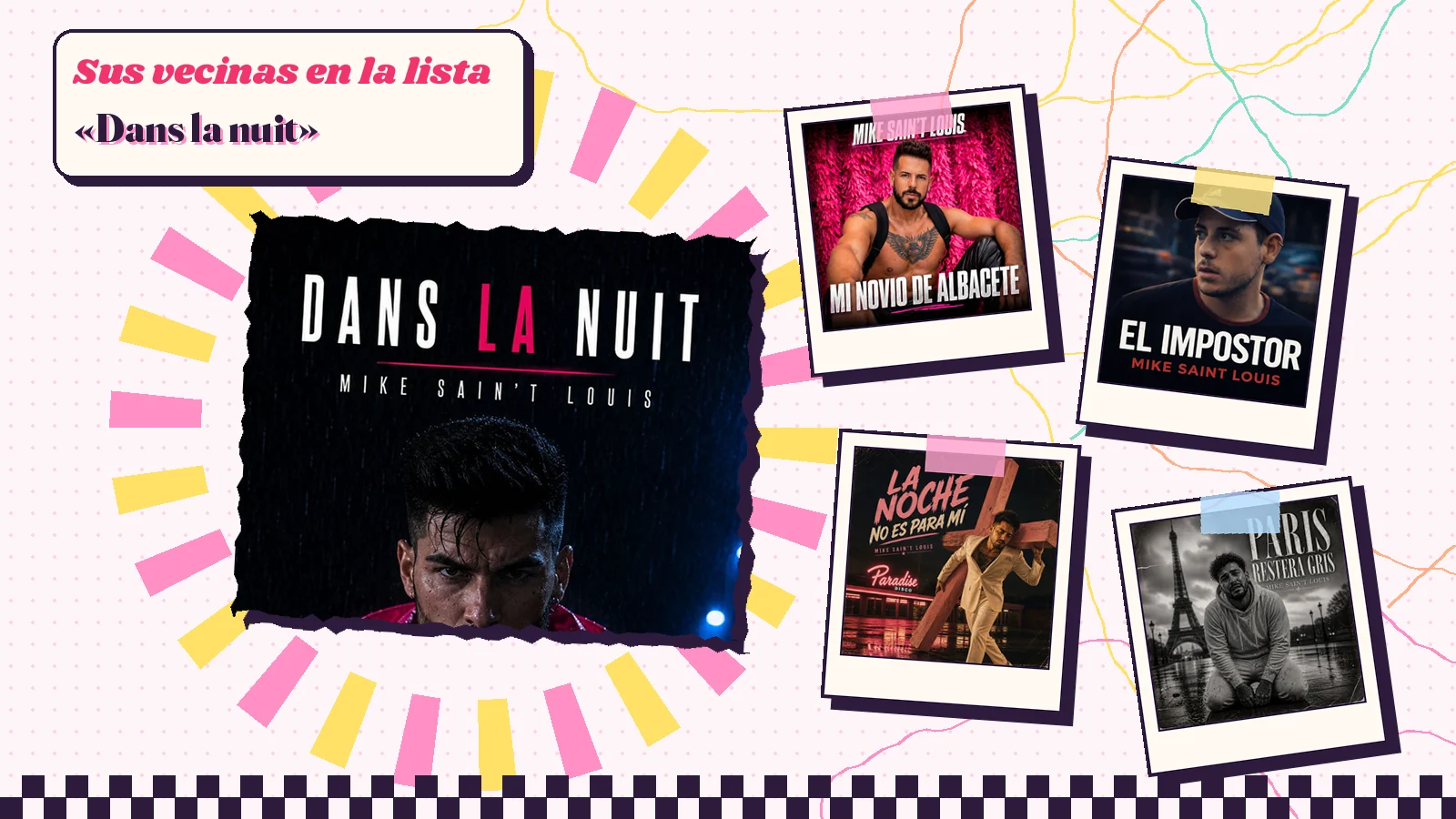 Collage con un detalle de la carátula de «Dans la nuit» y las carátulas de «Mi novio de Albacete», «El impostor», «La noche no es para mí», «Paris Restera Gris»