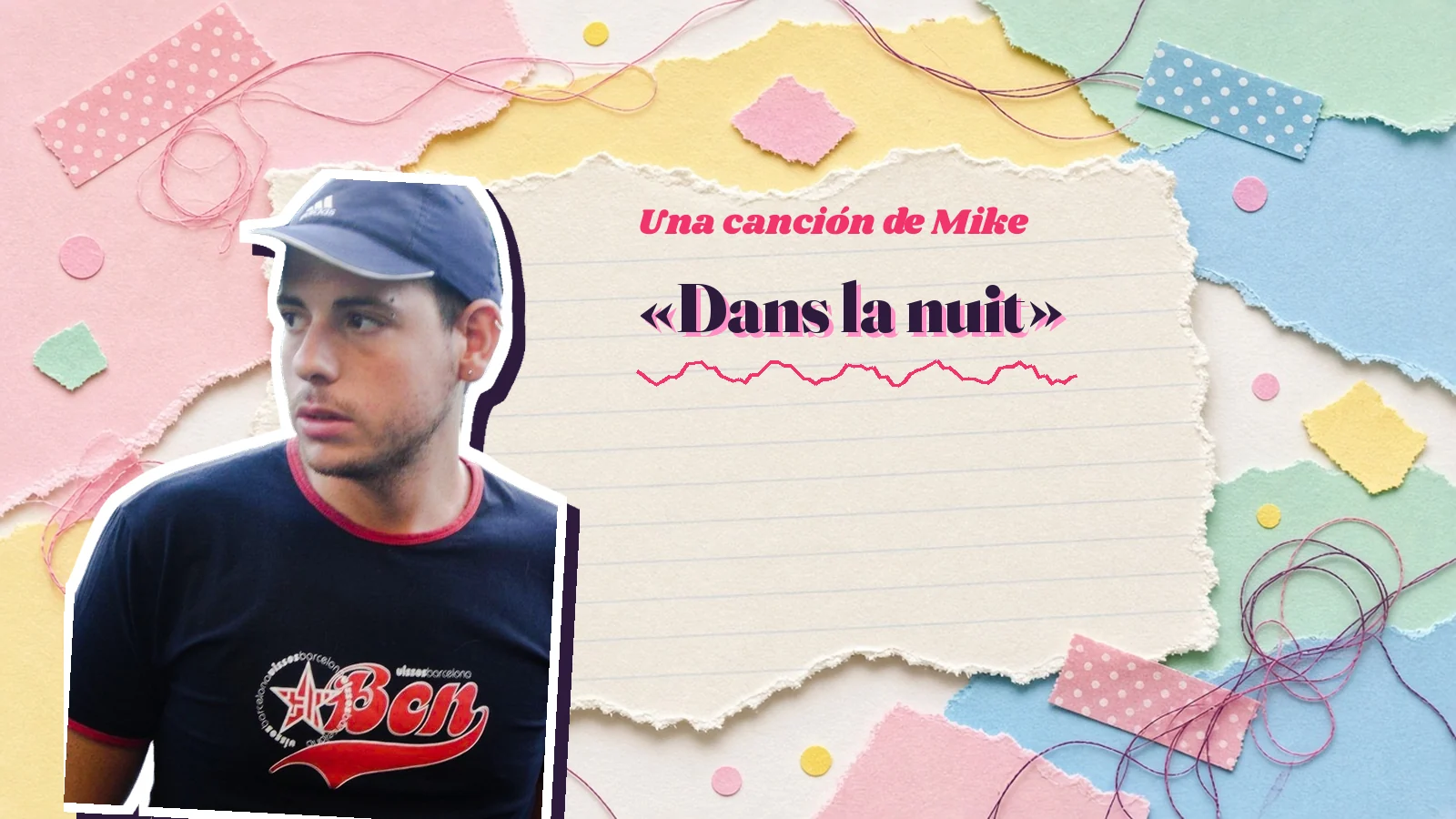 Mike Sain't Louis como pegatina sobre una página de cuaderno con papeles rasgados, junto al título «Dans la nuit»