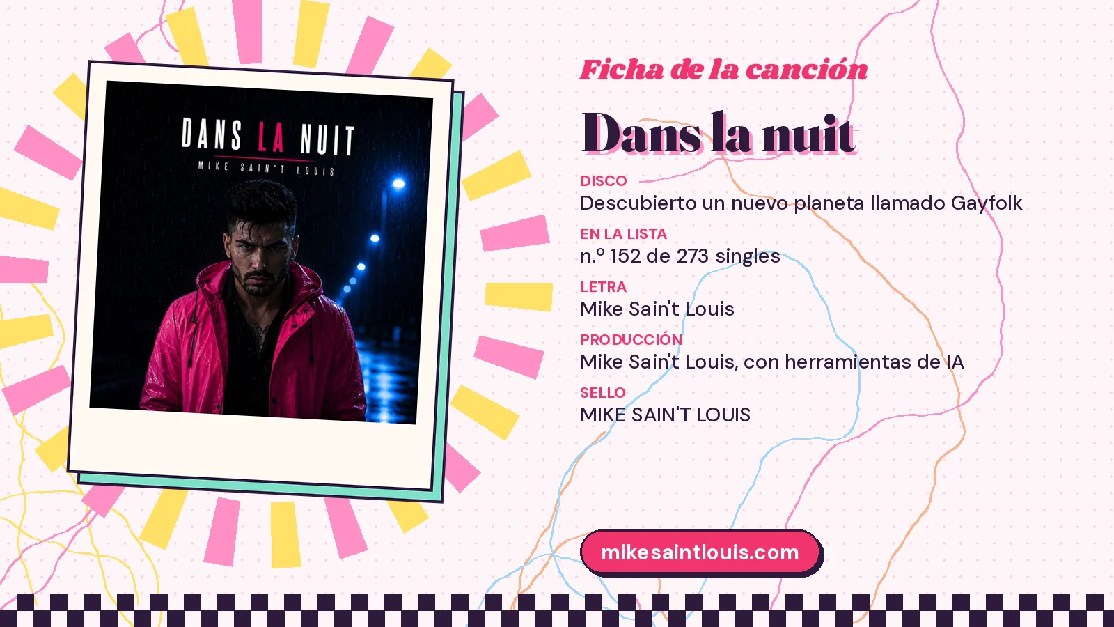 Ficha de la canción «Dans la nuit» con su carátula: disco «Descubierto un nuevo planeta llamado Gayfolk», letra y producción de Mike Sain't Louis