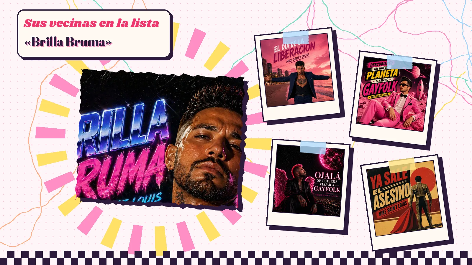 Collage de «Brilla Bruma» con la carátula del chico tatuado ante una cuadrícula de neón y las portadas de los tres discos de la trilogía y de «Ya sale el asesino»