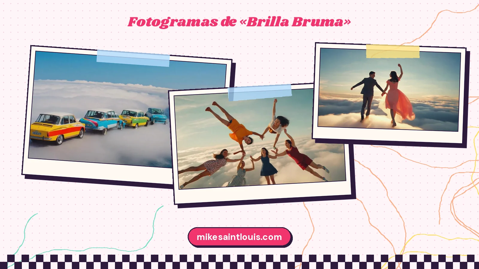 Más fotogramas de «Brilla Bruma»: una fila de coches antiguos aparcados sobre las nubes, un círculo de chicas en el aire y una pareja que camina sobre las nubes hacia el sol