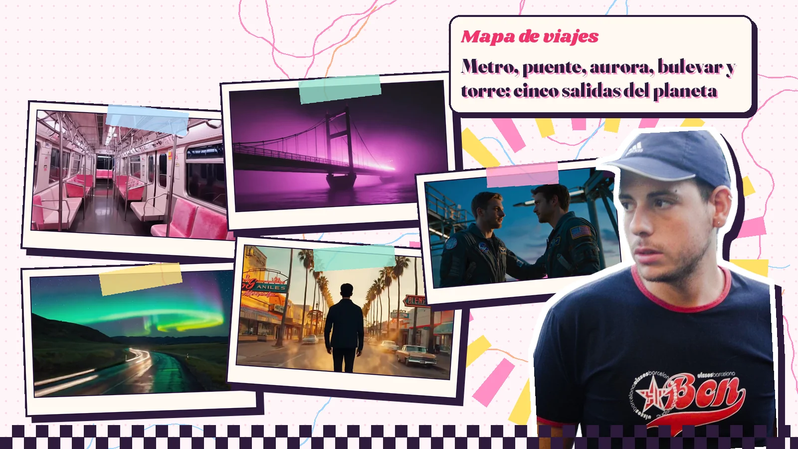 Collage de cinco fotogramas de distintos videoclips de Mike Sain't Louis, un vagón de metro rosa vacío, un puente con luz magenta, una carretera bajo la aurora, un chico de espaldas en un bulevar de palmeras y dos pilotos junto a una torre, con una foto de Mike con gorra azul