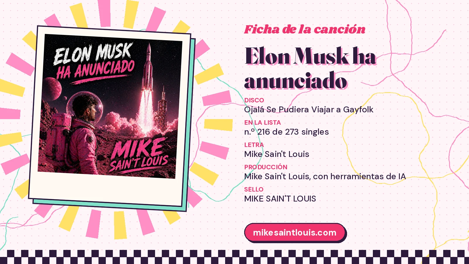 Ficha de la canción «Elon Musk ha anunciado» con su carátula: disco «Ojalá Se Pudiera Viajar a Gayfolk», letra y producción de Mike Sain't Louis