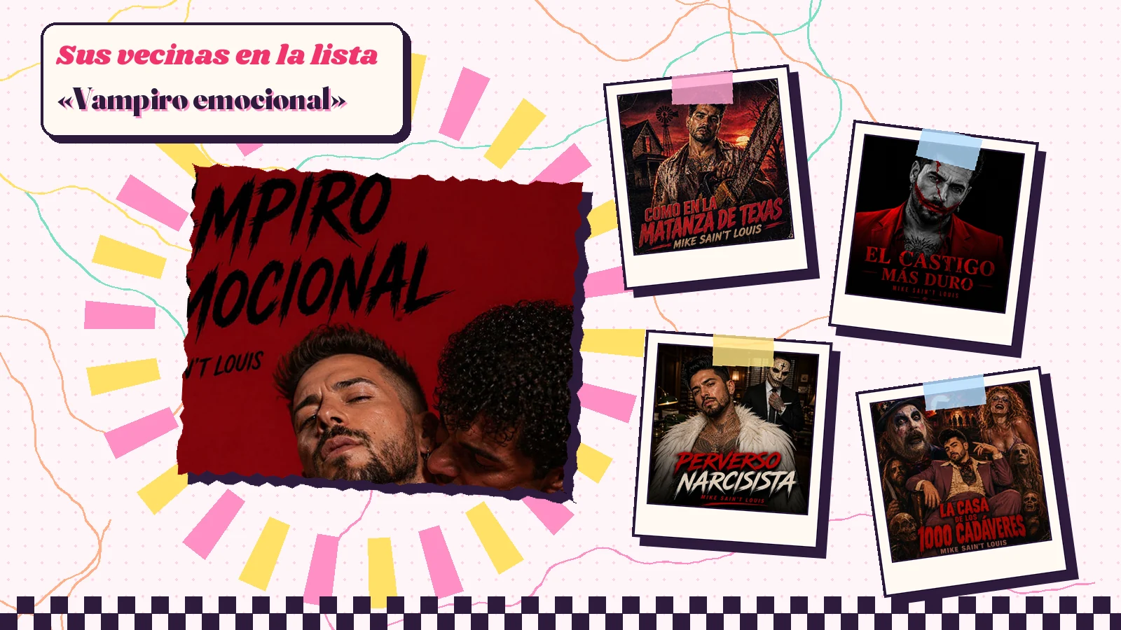 Collage con un detalle de la carátula de «Vampiro emocional» y las carátulas de «Como en la matanza de Texas», «El castigo más duro», «Perverso narcisista», «La casa de los mil cadáveres»