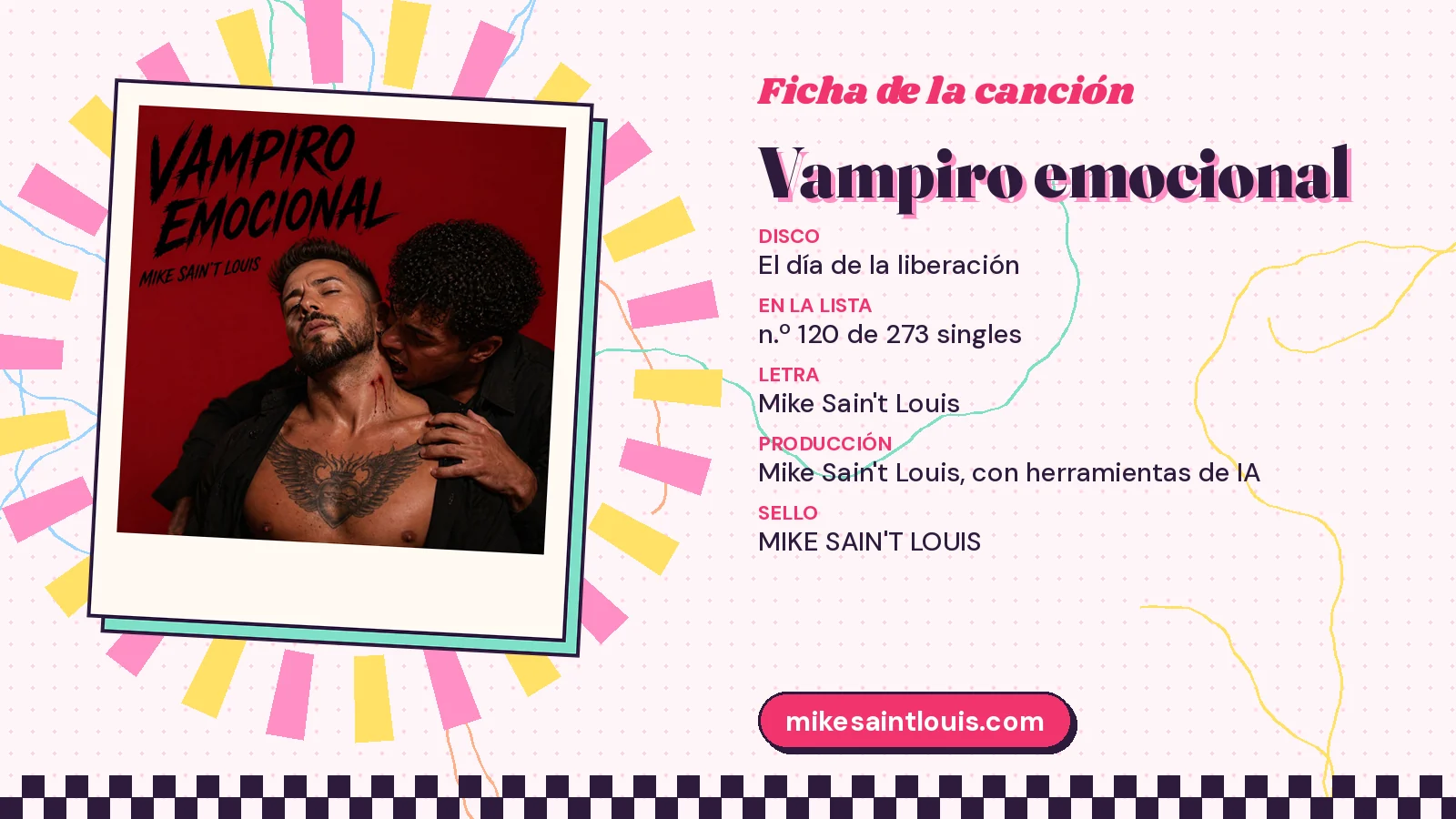 Ficha de la canción «Vampiro emocional» con su carátula: disco «El día de la liberación», letra y producción de Mike Sain't Louis