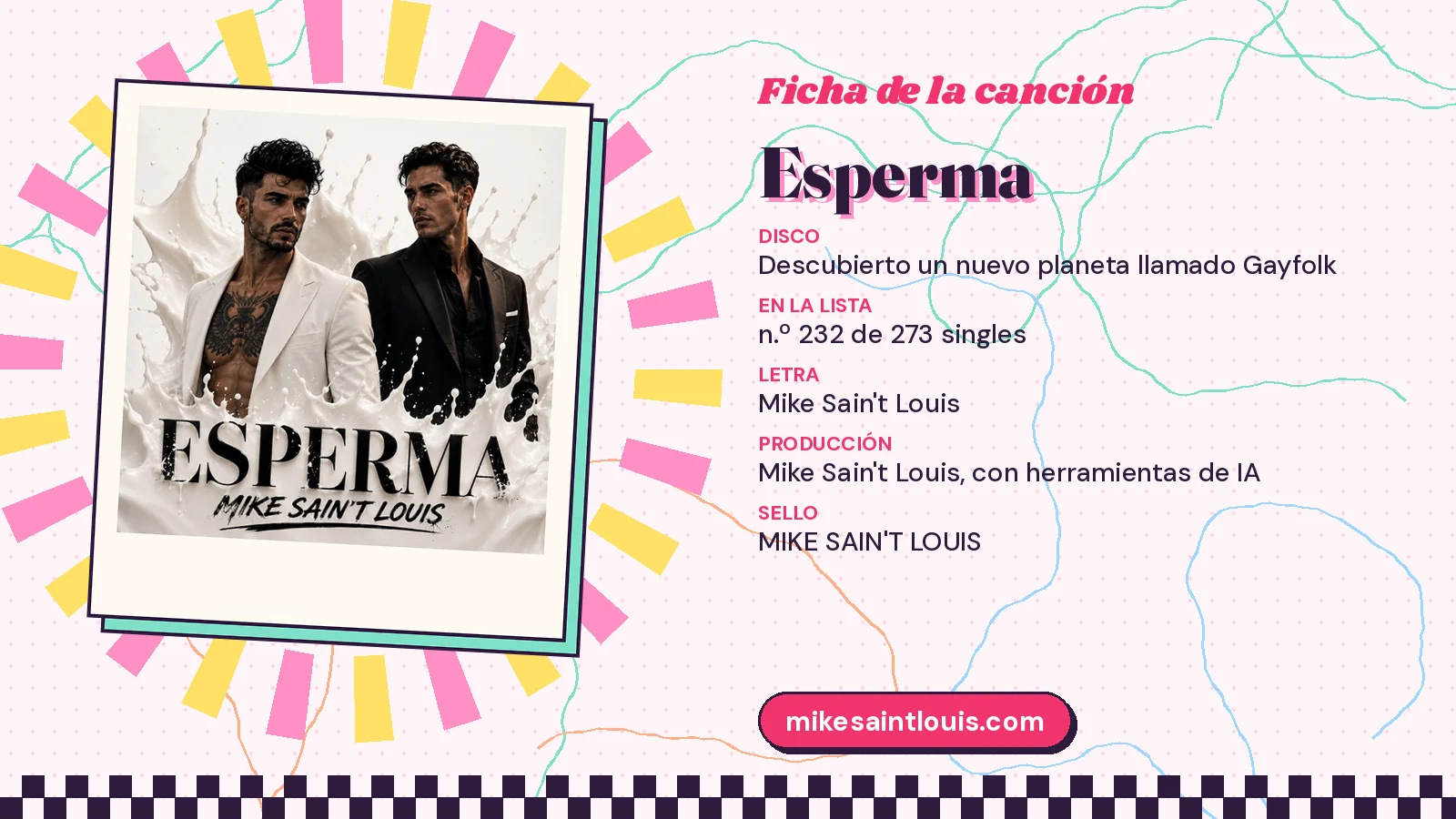 Ficha de la canción «Esperma» con su carátula: disco «Descubierto un nuevo planeta llamado Gayfolk», letra y producción de Mike Sain't Louis