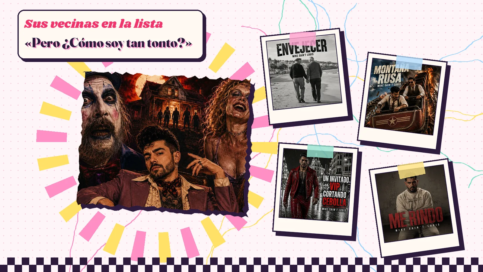 Collage con un detalle de la carátula de «La casa de los mil cadáveres» y las carátulas de «Envejecer», «Montaña rusa», «Un invitado VIP cortando cebolla», «Me rindo»