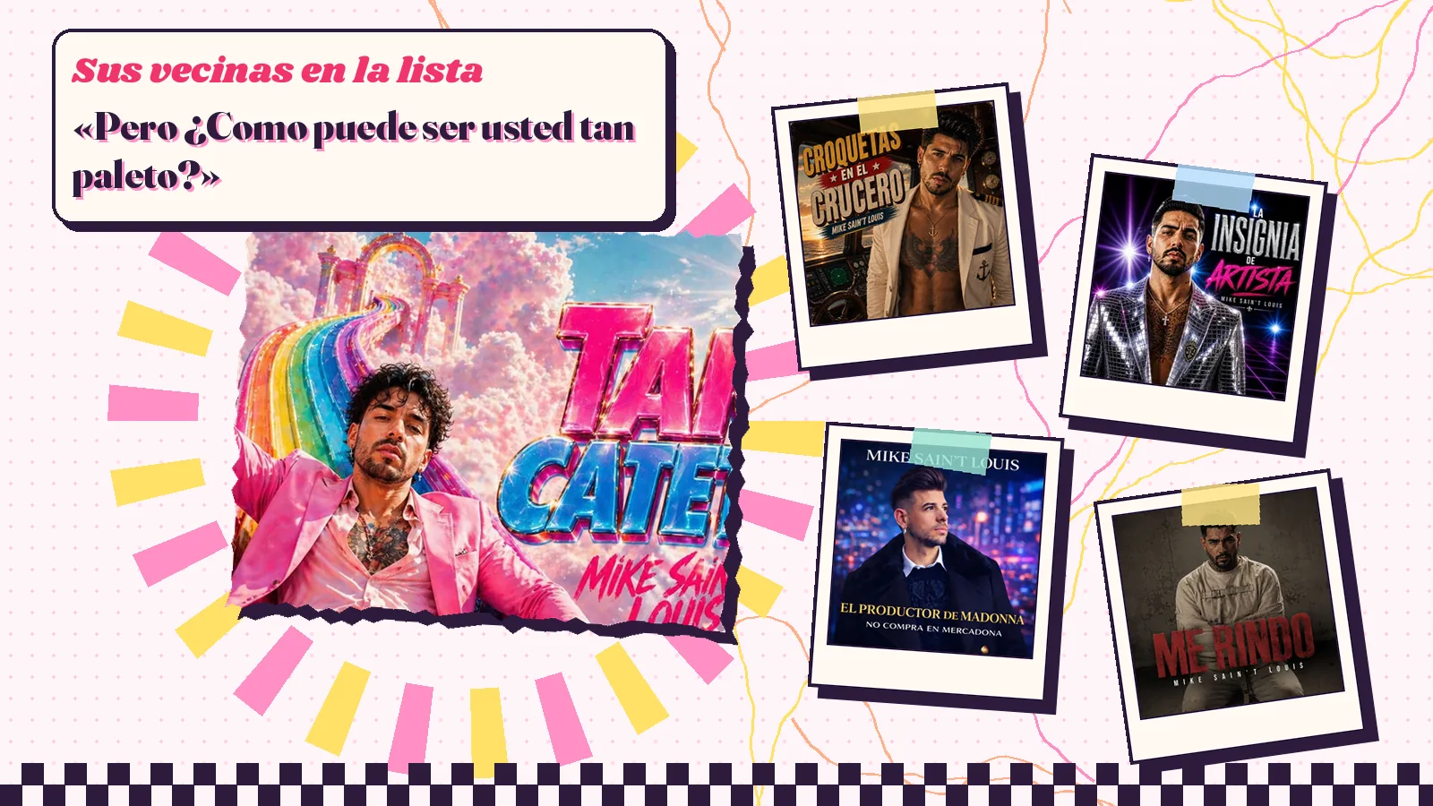 Collage con un detalle de la carátula de «Tan cateto» y las carátulas de «Croquetas en el crucero», «La insignia de artista», «El productor de Madonna no compra en Mercadona», «Me rindo»