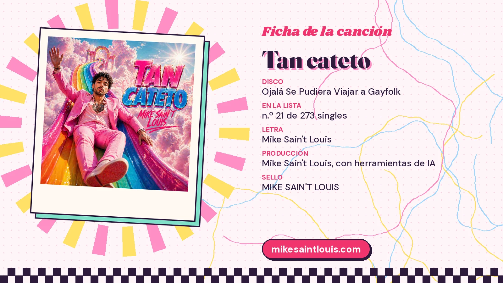 Ficha de la canción «Tan cateto» con su carátula: disco «Ojalá Se Pudiera Viajar a Gayfolk», letra y producción de Mike Sain't Louis