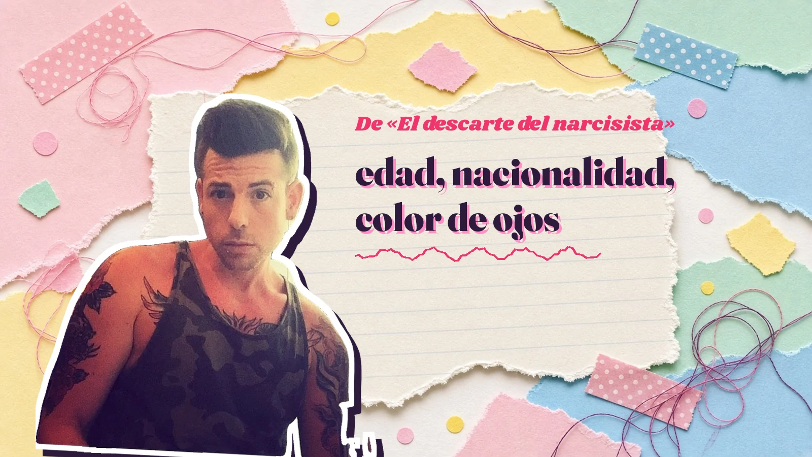 Mike Sain't Louis as a sticker on a notebook page with torn paper, with the Spanish line «edad, nacionalidad, color de ojos» from «El descarte del narcisista»