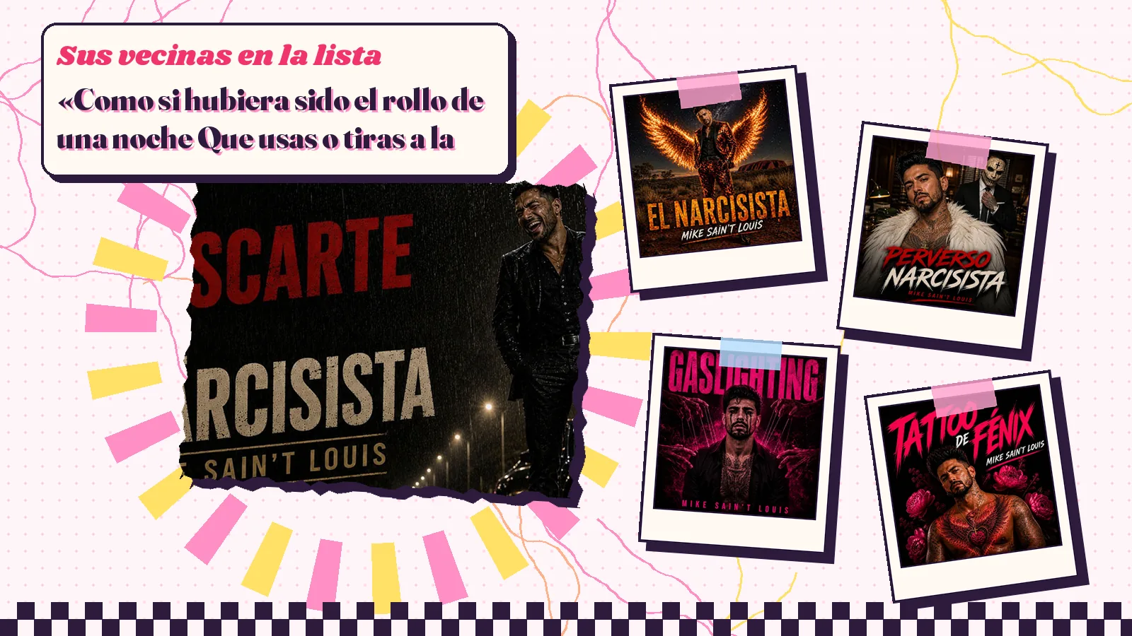 Collage with a detail of the «El descarte del narcisista» cover art and the covers of «El narcisista», «Perverso narcisista», «Gaslighting» and «Tattoo de fénix»