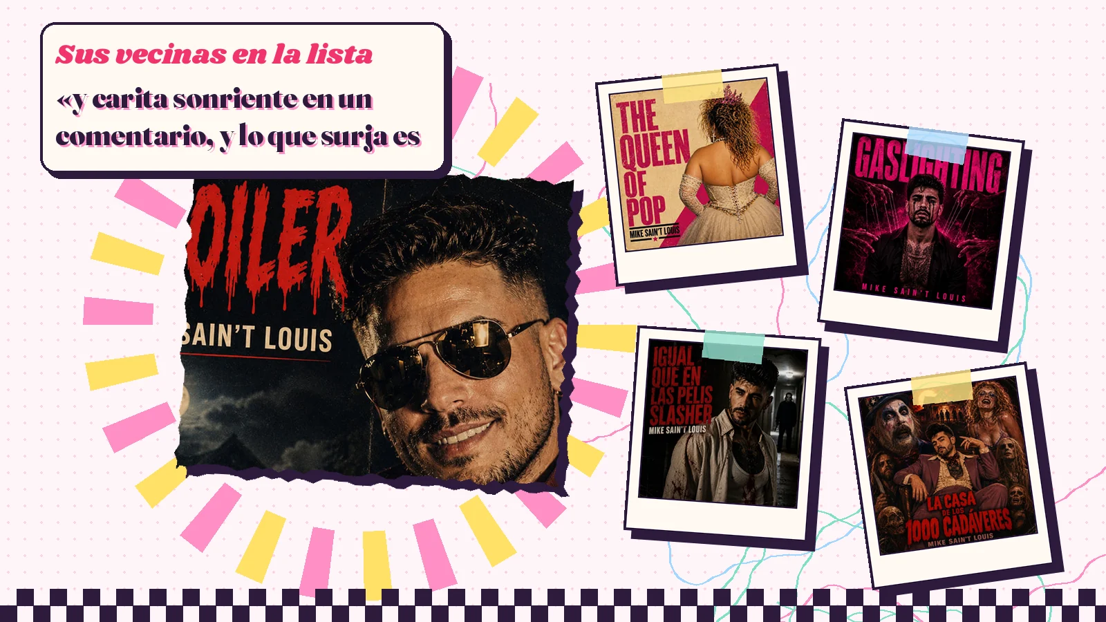 Collage con un detalle de la carátula de «Spoiler» y las carátulas de «The Queen of Pop», «Gaslighting», «Igual que en las pelis slasher», «La casa de los mil cadáveres»