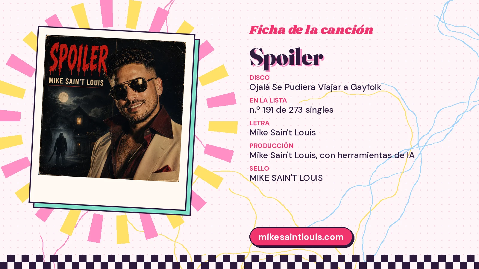Ficha de la canción «Spoiler» con su carátula: disco «Ojalá Se Pudiera Viajar a Gayfolk», letra y producción de Mike Sain't Louis
