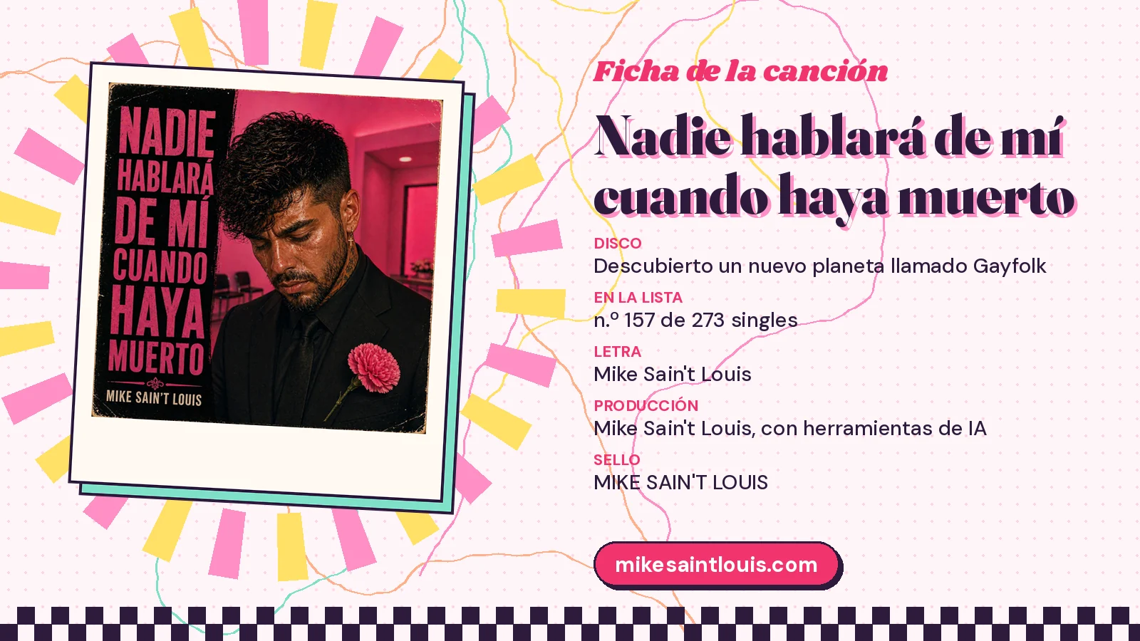 Ficha de la canción «Nadie hablará de mí cuando haya muerto» con su carátula: disco «Descubierto un nuevo planeta llamado Gayfolk», letra y producción de Mike Sain't Louis