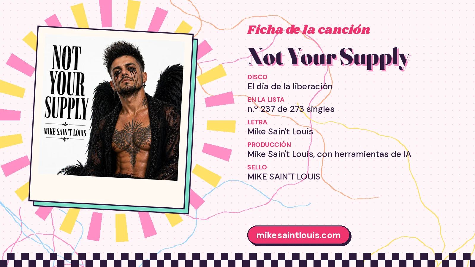 Ficha de la canción «Not Your Supply» con su carátula: disco «El día de la liberación», letra y producción de Mike Sain't Louis