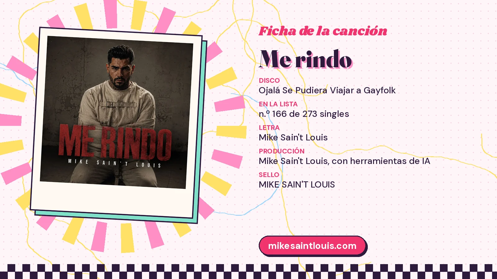 Ficha de la canción «Me rindo» con su carátula: disco «Ojalá Se Pudiera Viajar a Gayfolk», letra y producción de Mike Sain't Louis