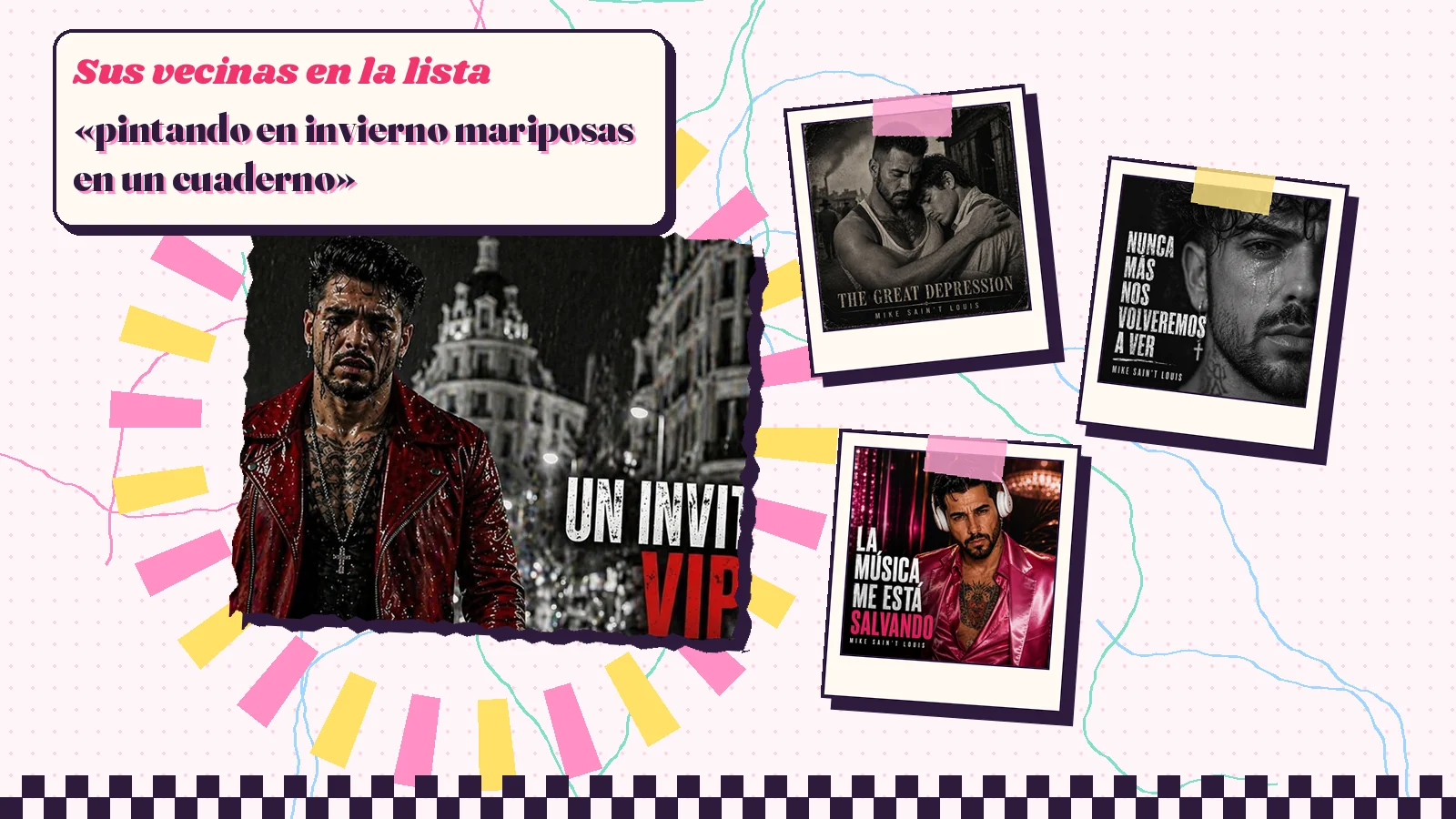 Collage con un detalle de la carátula de «Un invitado VIP cortando cebolla» y las carátulas de «The Great Depression», «Nunca más nos volveremos a ver», «La música me está salvando»
