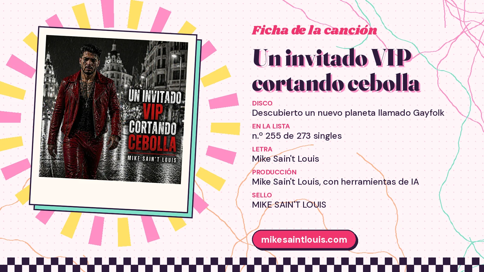 Ficha de la canción «Un invitado VIP cortando cebolla» con su carátula: disco «Descubierto un nuevo planeta llamado Gayfolk», letra y producción de Mike Sain't Louis