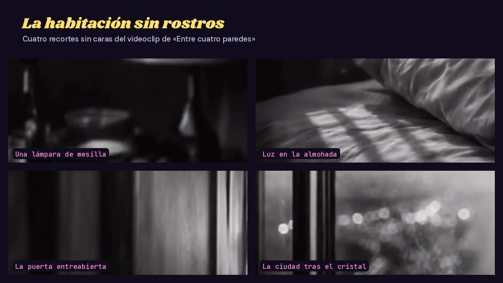 Mosaico en blanco y negro de cuatro recortes sin personas del videoclip de «Entre cuatro paredes»: una lámpara de mesilla, la luz de la persiana sobre una almohada, una puerta entreabierta y luces de ciudad desenfocadas tras un cristal