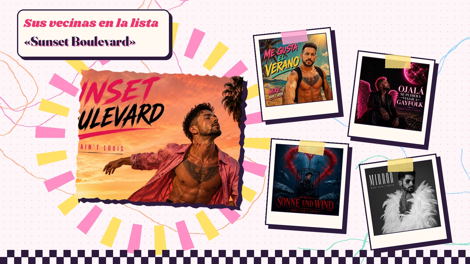 Collage with a detail of the «Sunset Boulevard» cover art and the covers of «Me Gusta el Verano», «Ojalá se pudiera viajar a Gayfolk», «Sonne und Wind» and «Mirror»