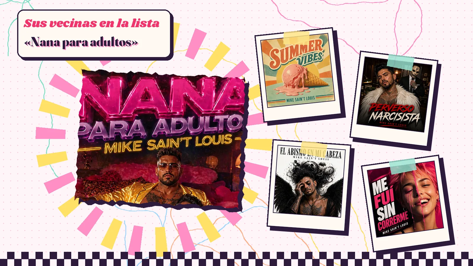 Collage con un detalle de la carátula de «Nana para adultos» y las carátulas de «Summer Vibes», «Perverso Narcisista», «El Abismo en Mi Cabeza», «Me Fuí sin Correrme»