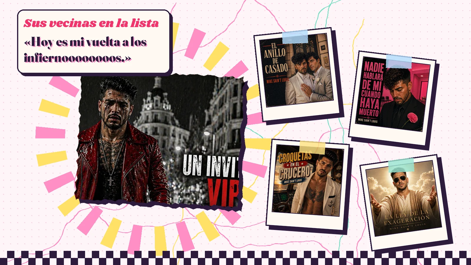 Collage con un detalle de la carátula de «Un invitado VIP cortando cebolla» y las carátulas de «El anillo de casado», «Nadie hablará de mí cuando haya muerto», «Croquetas en el crucero», «La ley de la exageracion»
