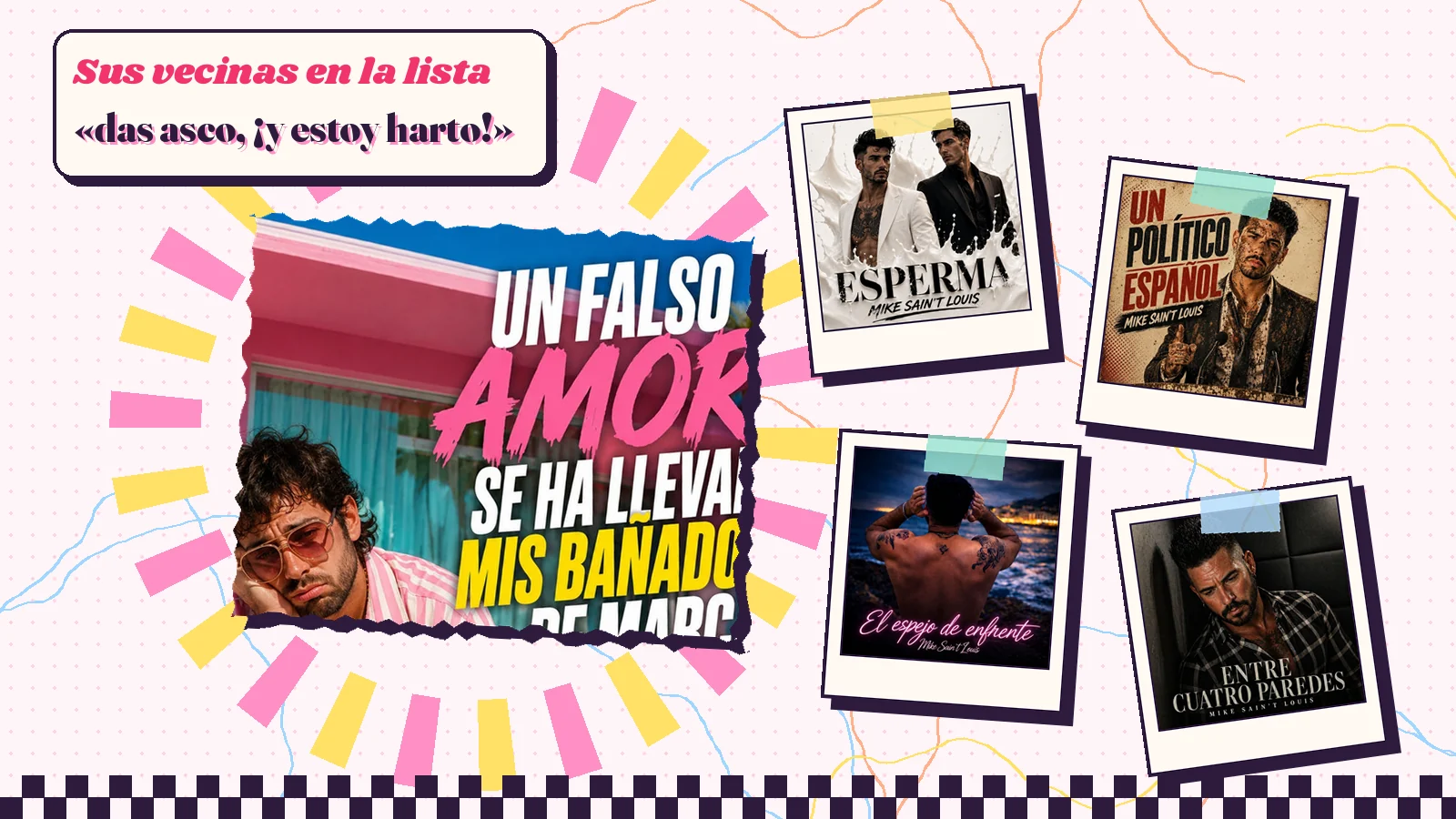 Collage con un detalle de la carátula de «Un falso amore se ha llevado mis bañadores de marca» y las carátulas de «Esperma», «Un político español», «El espejo de enfrente», «Entre cuatro paredes»