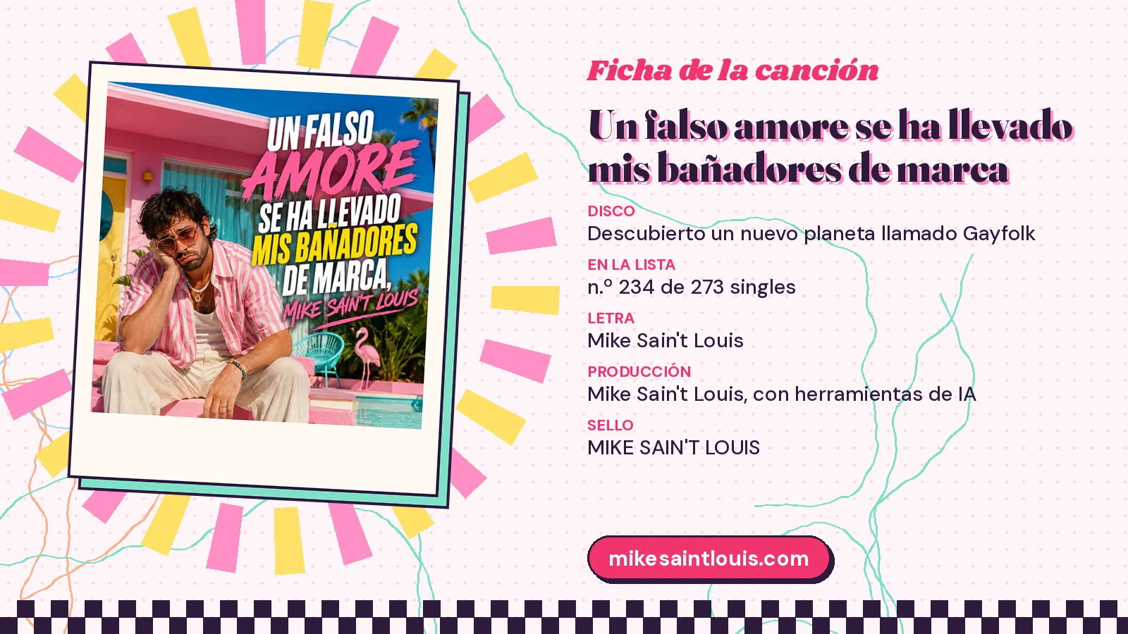 Ficha de la canción «Un falso amore se ha llevado mis bañadores de marca» con su carátula: disco «Descubierto un nuevo planeta llamado Gayfolk», letra y producción de Mike Sain't Louis