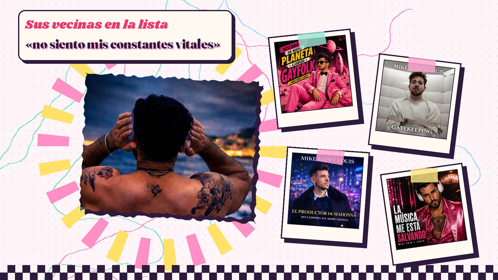 Collage con un detalle de la carátula de «El espejo de enfrente» y las carátulas de «Descubierto un nuevo planeta llamado Gayfolk», «Gatekeeping», «El productor de Madonna no compra en Mercadona», «La música me está salvando»