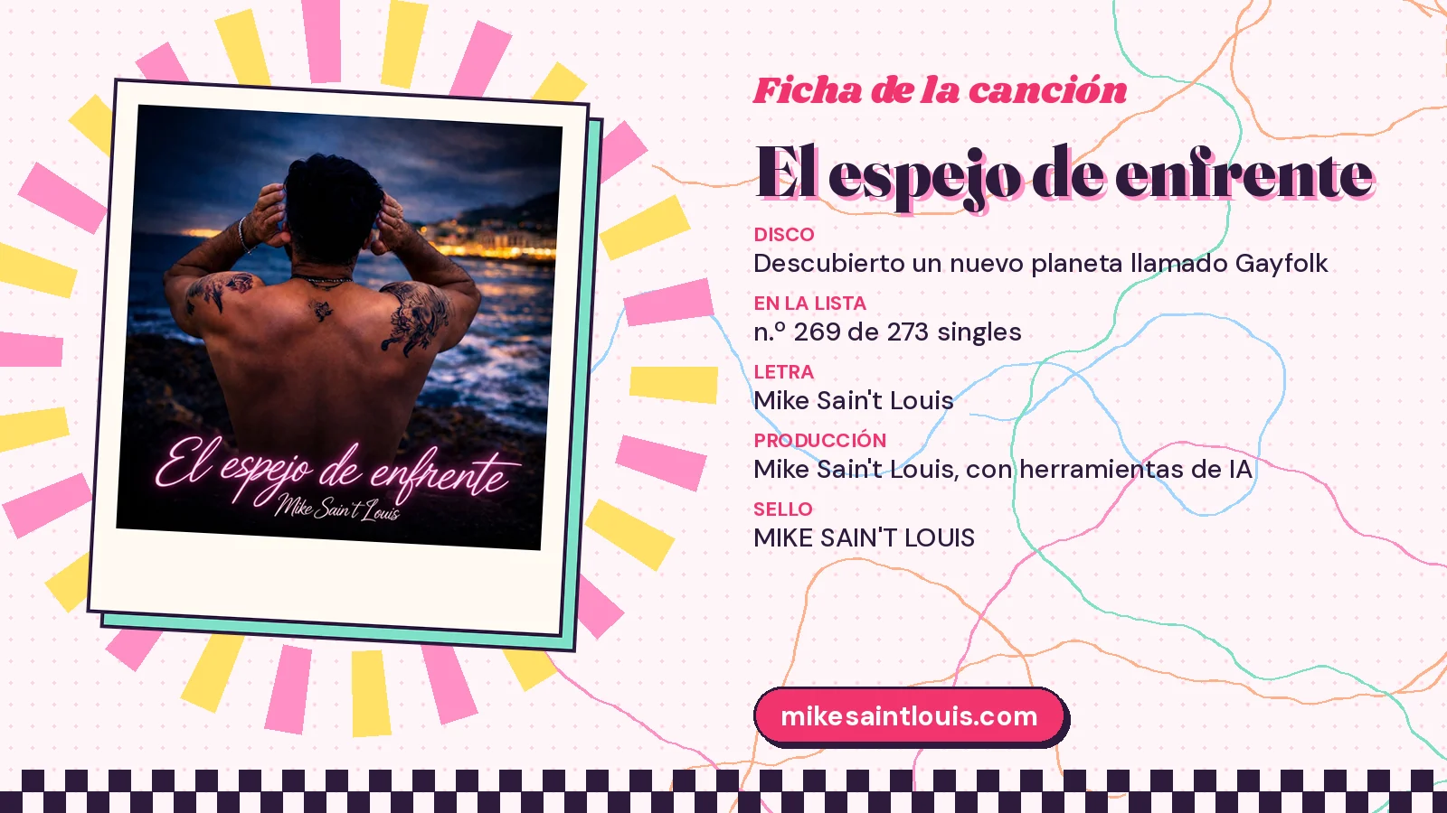 Ficha de la canción «El espejo de enfrente» con su carátula: disco «Descubierto un nuevo planeta llamado Gayfolk», letra y producción de Mike Sain't Louis