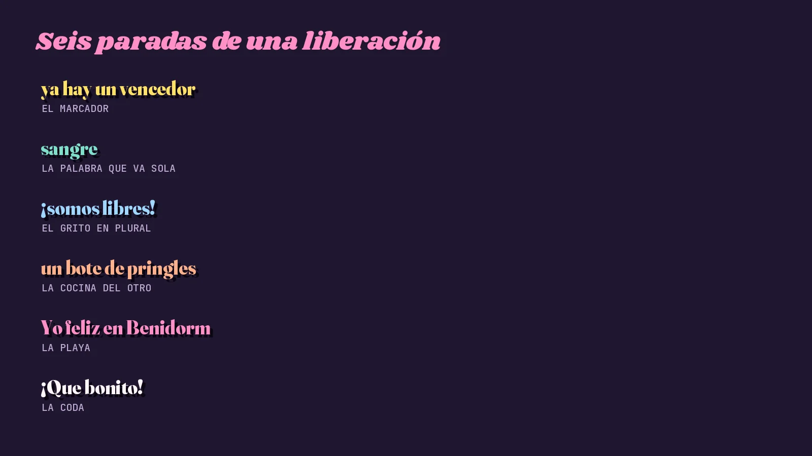 Tarjeta tipográfica oscura con seis fragmentos de la letra de «El día de la liberación» y su papel: el marcador, la palabra que va sola, el grito en plural, la cocina del otro, la playa y la coda