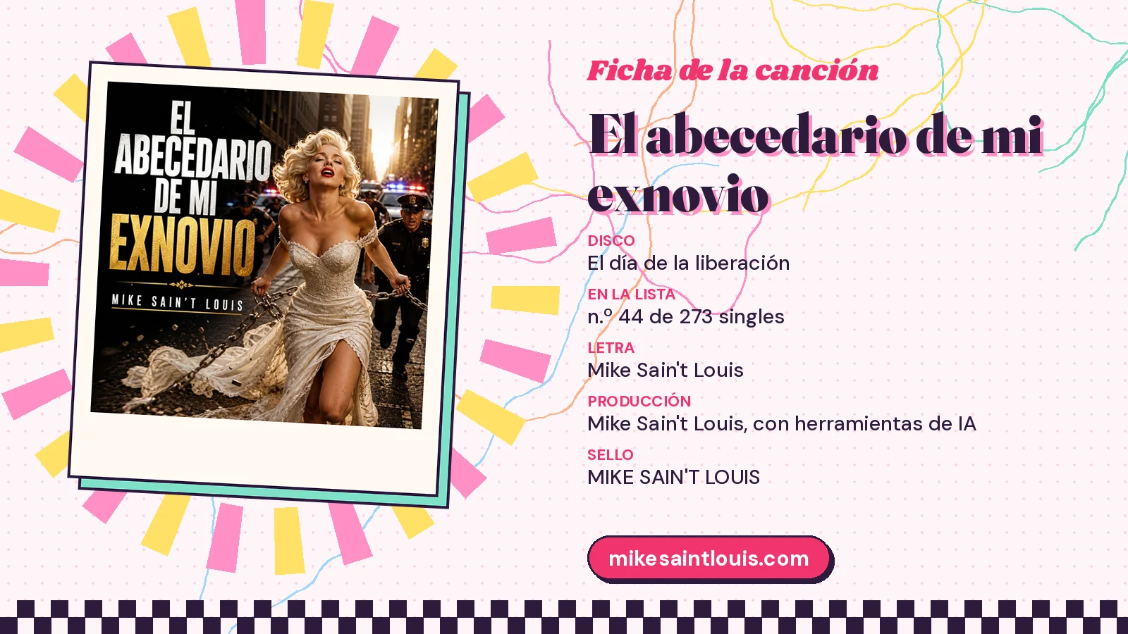 Ficha de la canción «El abecedario de mi exnovio» con su carátula: disco «El día de la liberación», letra y producción de Mike Sain't Louis