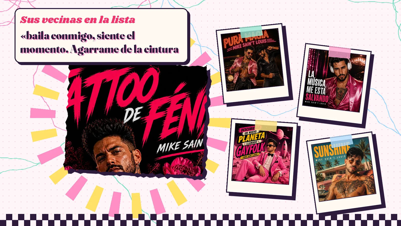 Collage with a detail of the «Tattoo de Fénix» cover art and the covers of «Pura Magia», «La Música Me Está Salvando», «Descubierto un nuevo planeta llamado Gayfolk» and «Sunshine»