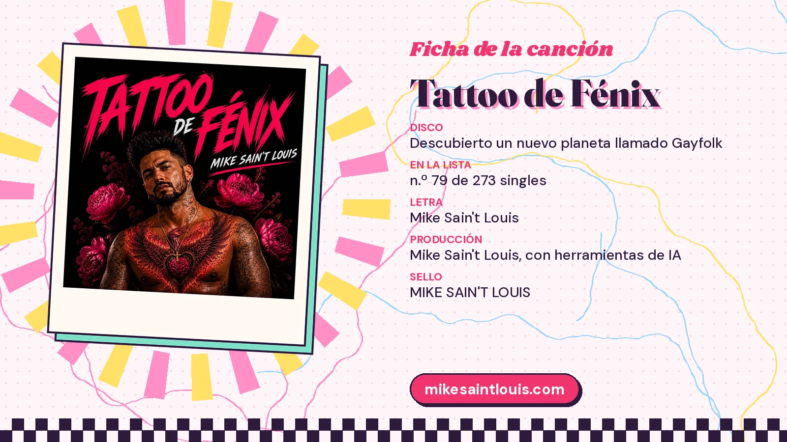 Song card for «Tattoo de Fénix» with its cover art: from the album «Descubierto un nuevo planeta llamado Gayfolk», lyrics and production by Mike Sain't Louis