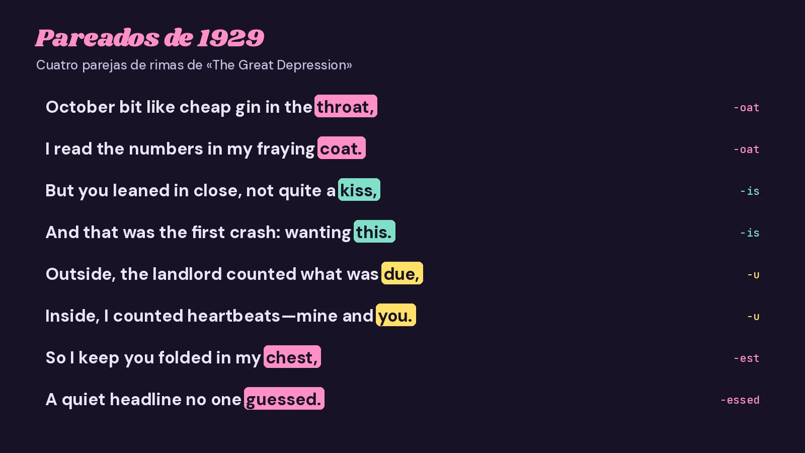Tarjeta tipográfica oscura con ocho versos en inglés de «The Great Depression» y sus finales resaltados por parejas de rima: throat y coat, kiss y this, due y you, chest y guessed