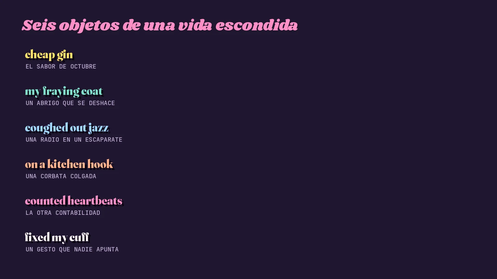 Tarjeta tipográfica oscura con seis fragmentos de la letra de «The Great Depression» y su objeto: la ginebra barata, el abrigo deshilachado, la radio del escaparate, la corbata colgada, los latidos contados y el puño de la manga