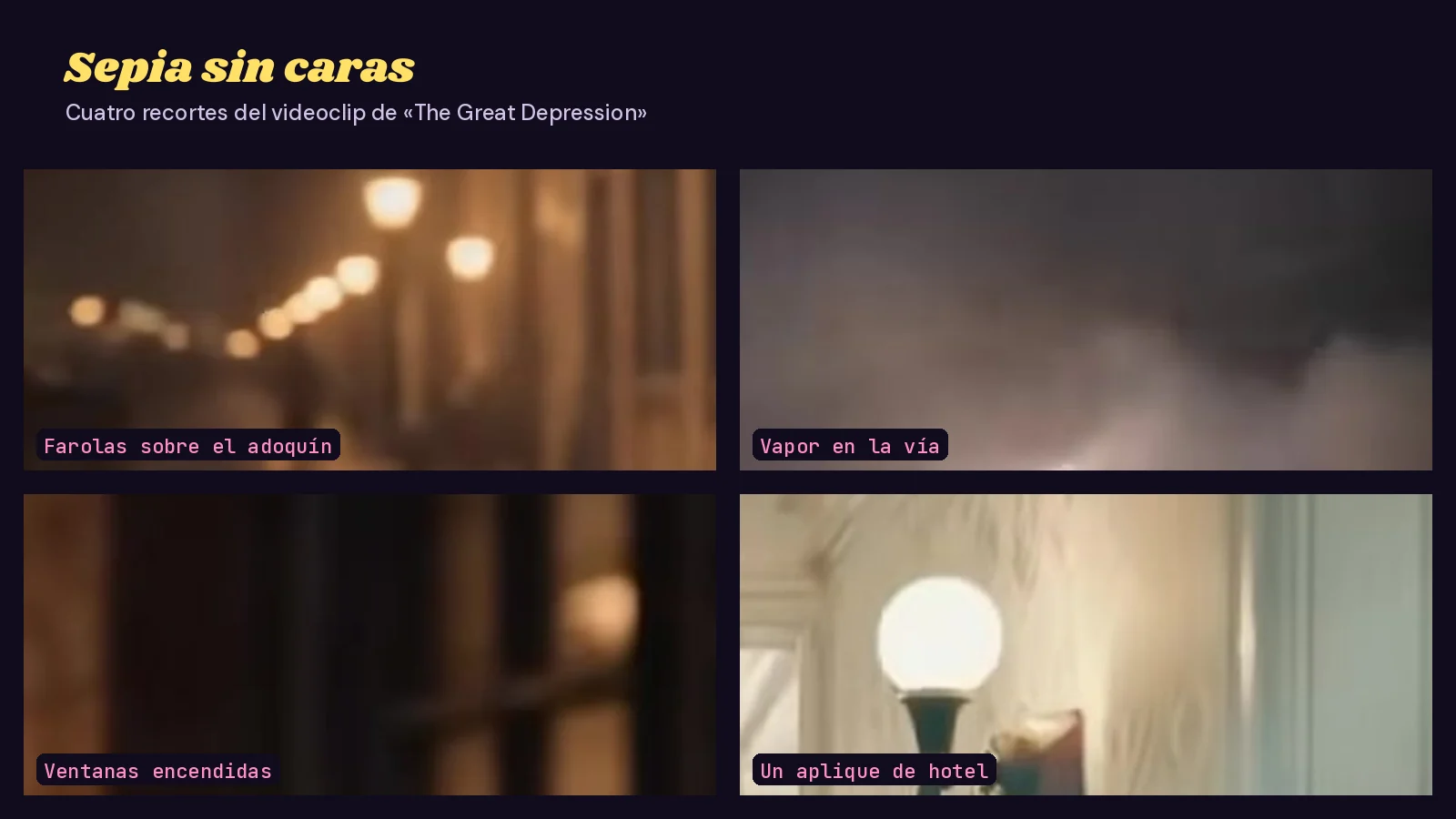 Mosaico de cuatro recortes sin caras del videoclip de «The Great Depression» en tonos sepia: farolas sobre una calle mojada, vapor junto a la vía, ventanas encendidas y un aplique de pasillo de hotel