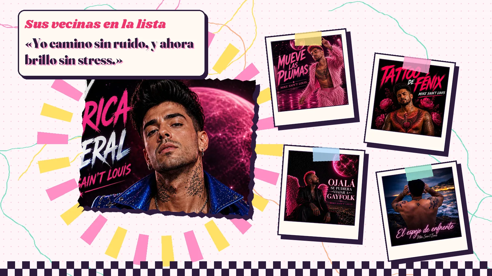 Collage con un detalle de la carátula de «Soy marica sideral» y las carátulas de «Mueve las plumas», «Tattoo de fénix», «Ojalá se pudiera viajar a Gayfolk», «El espejo de enfrente»
