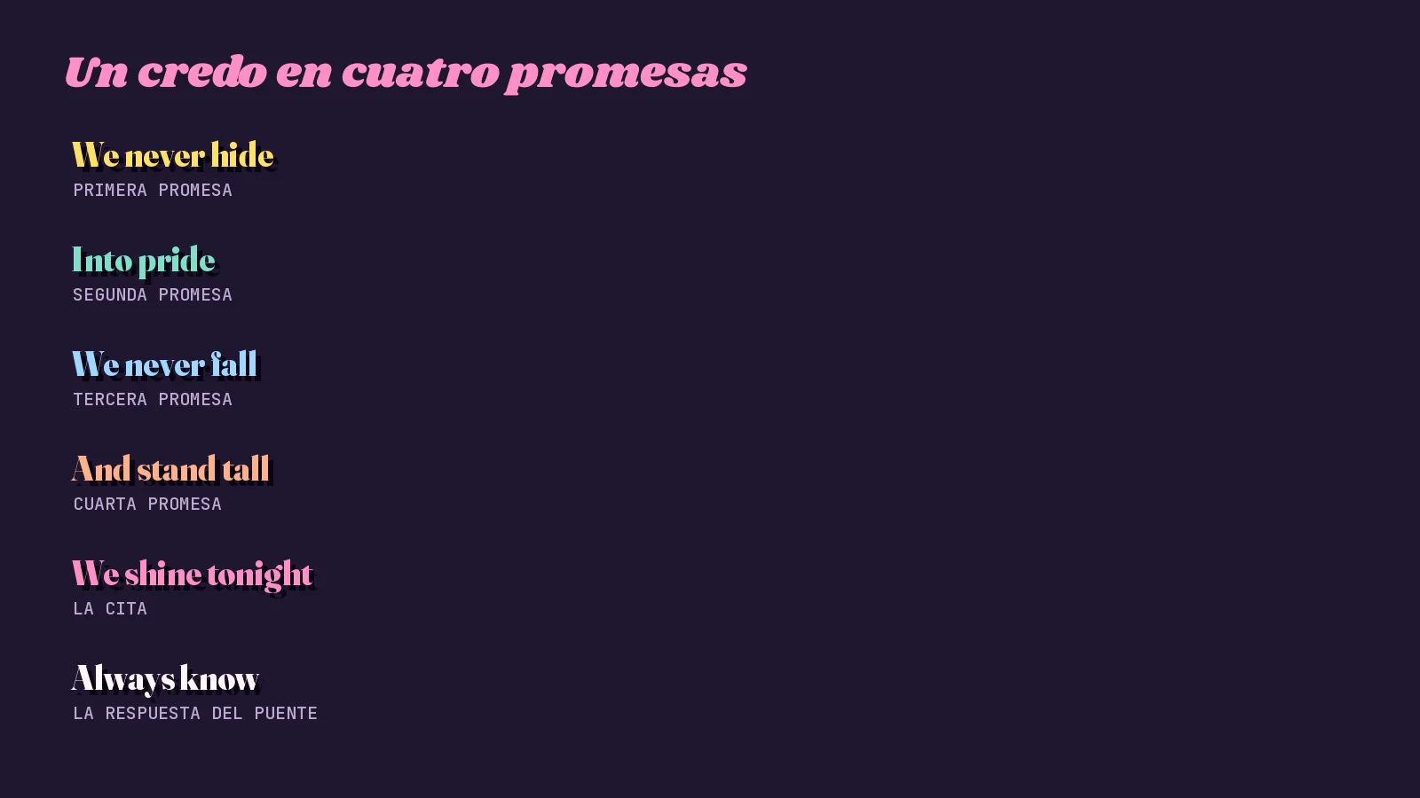 Tarjeta tipográfica oscura con seis fragmentos de «Boys Like Us» presentados como un credo: we never hide, into pride, we never fall, and stand tall, we shine tonight y always know
