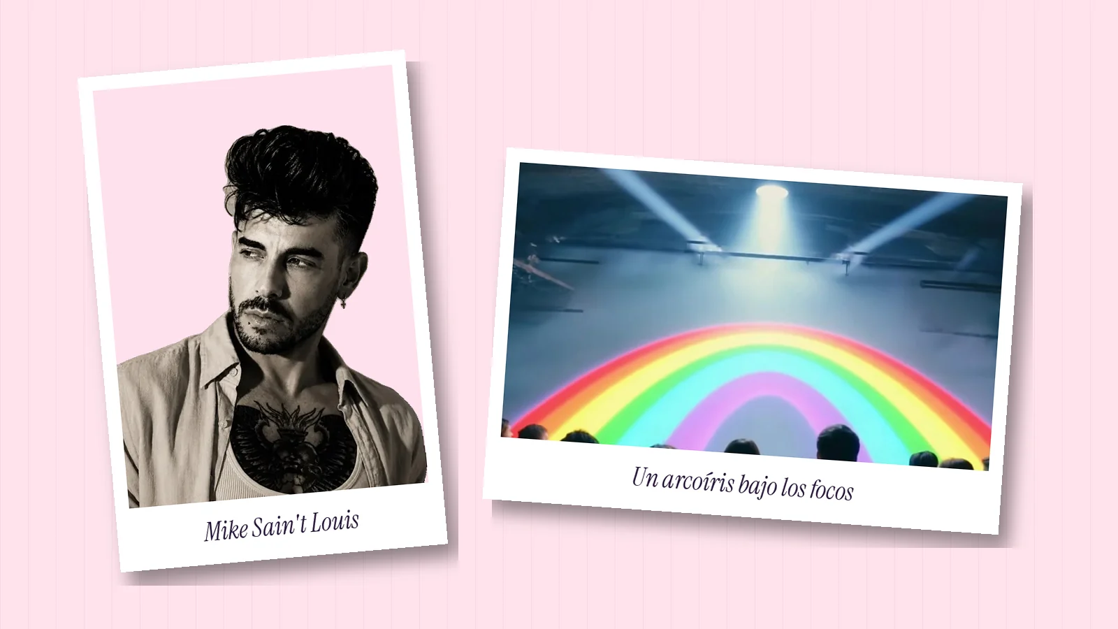 Dos polaroids sobre fondo rosa: un retrato real en blanco y negro de Mike Sain't Louis y un fotograma de un arcoíris bajo los focos de una nave
