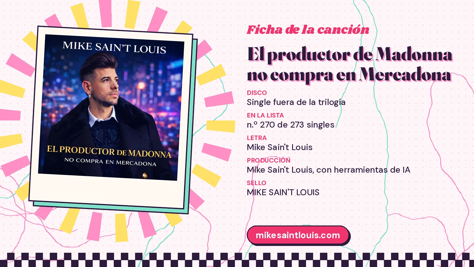 Ficha de la canción «El productor de Madonna no compra en Mercadona» con su carátula: disco «Single fuera de la trilogía», letra y producción de Mike Sain't Louis