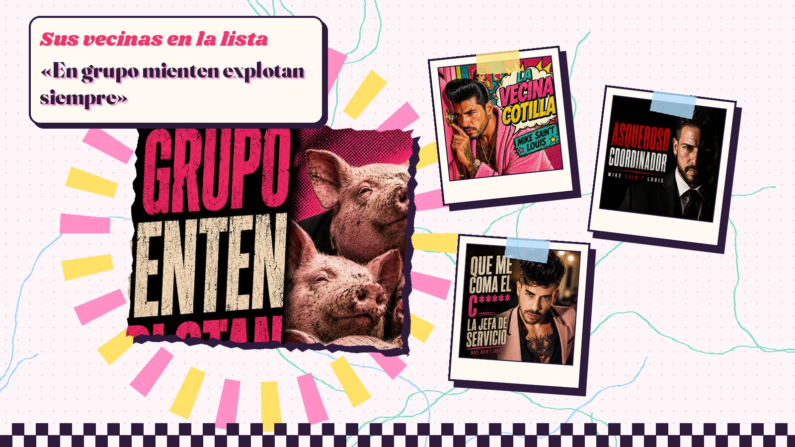 Collage with a detail of the «En grupo mienten explotan siempre» cover art and the covers of «La Vecina Cotilla», «Asqueroso coordinador» and «Que me coma el chumino la jefa de servicio»