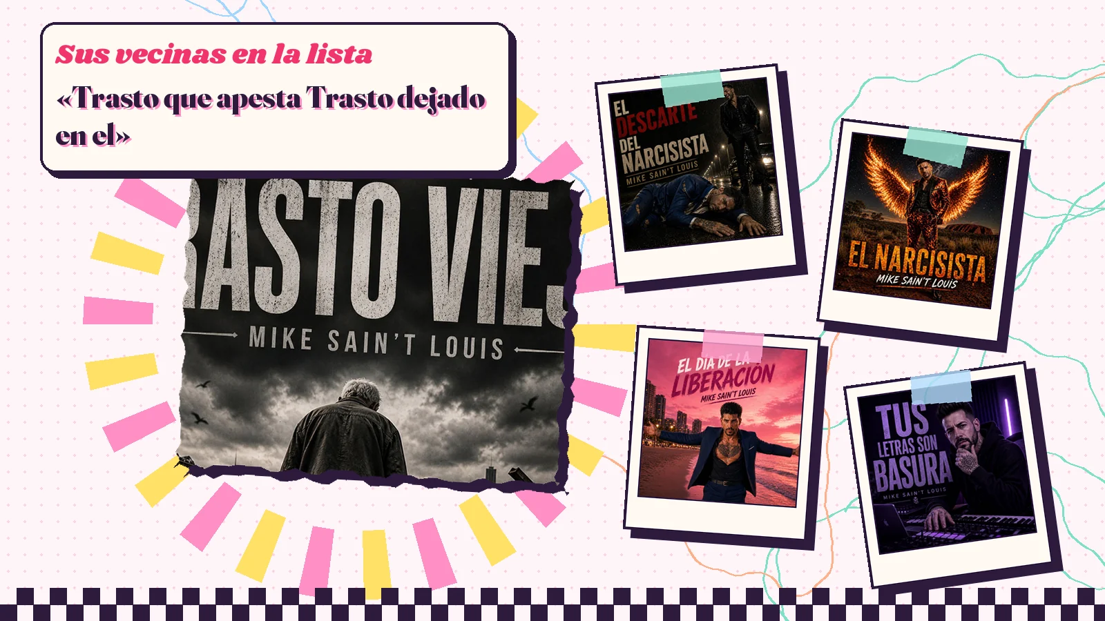 Collage con un detalle de la carátula de «Trasto Viejo» y las carátulas de «El Descarte del Narcisista», «El Narcisista», «El Día de la Liberación», «Tus Letras Son Basura»