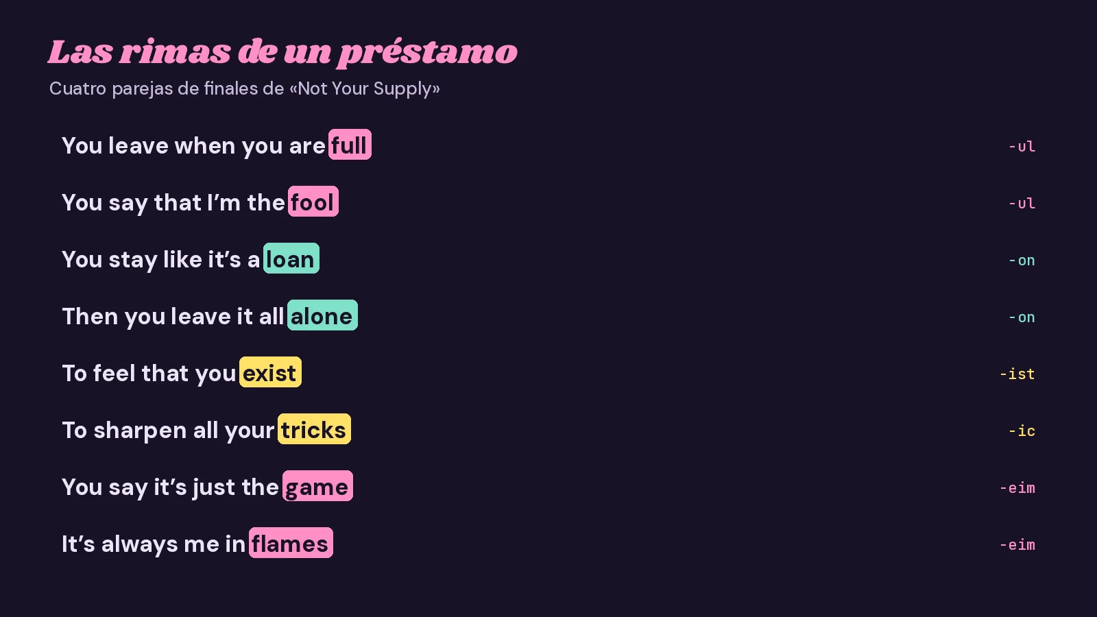Cuatro parejas de rimas en inglés de «Not Your Supply» con sus finales resaltados en color