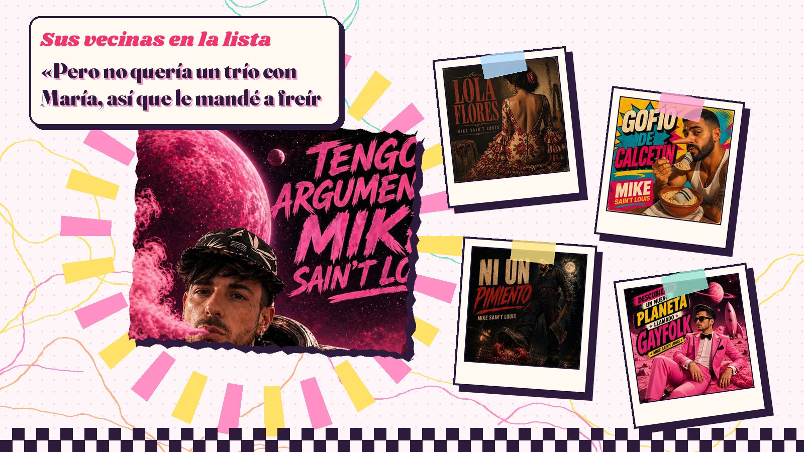 Collage with a detail of the «Tengo Argumento» cover art and the covers of «Lola Flores», «Gofio De Calcetín», «Ni Un Pimiento» and «Descubierto un nuevo planeta llamado Gayfolk»