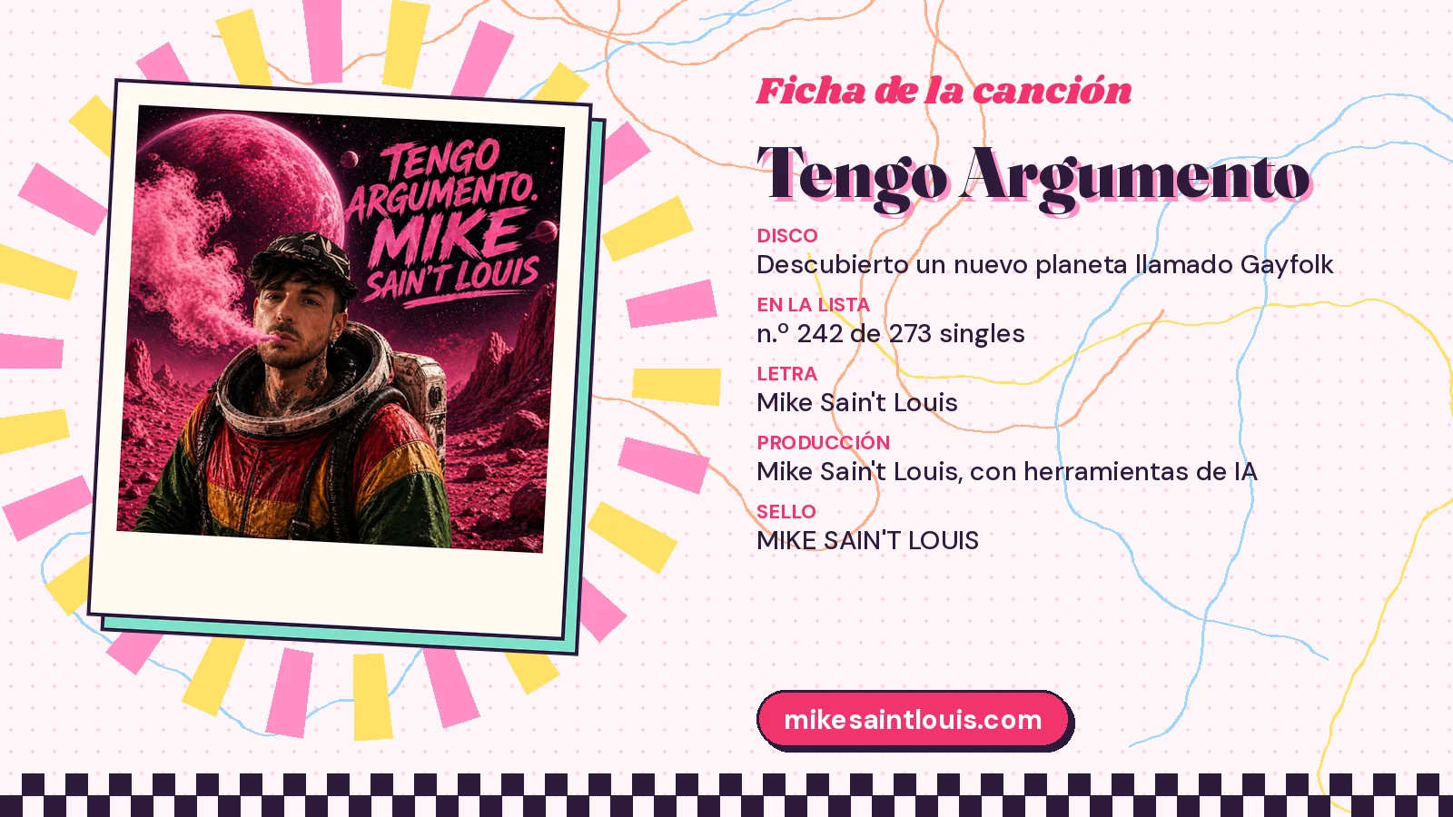 Song card for «Tengo Argumento» with its cover art: from the album «Descubierto un nuevo planeta llamado Gayfolk», lyrics and production by Mike Sain't Louis