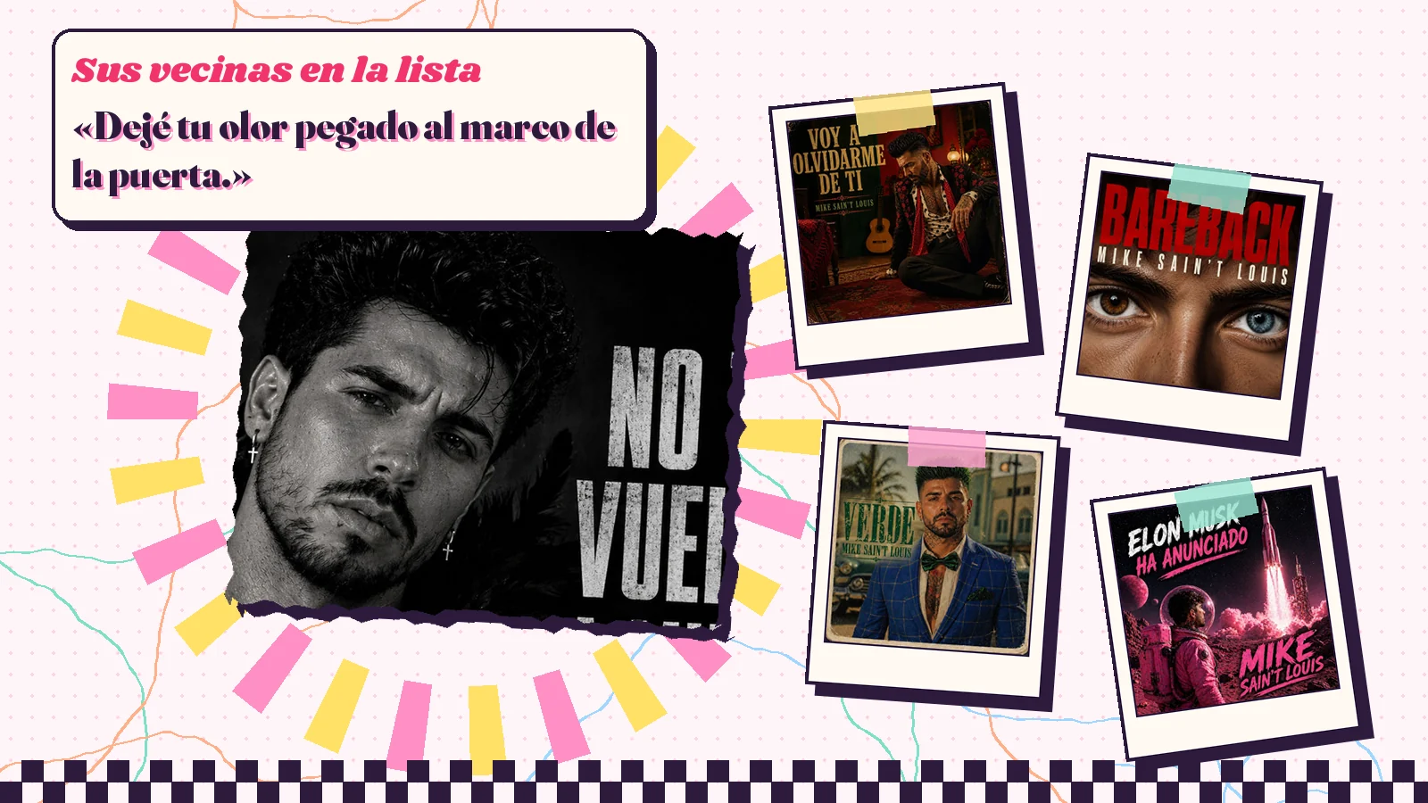 Collage with a detail of the «No te vuelvo a mirar más» cover art and the covers of «Voy a olvidarme de ti», «Bareback», «Verde» and «Elon Musk ha anunciado»