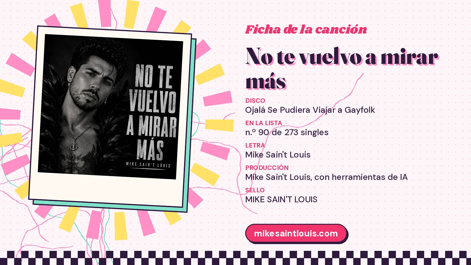Song card for «No te vuelvo a mirar más» with its cover art: from the album «Ojalá Se Pudiera Viajar a Gayfolk», lyrics and production by Mike Sain't Louis