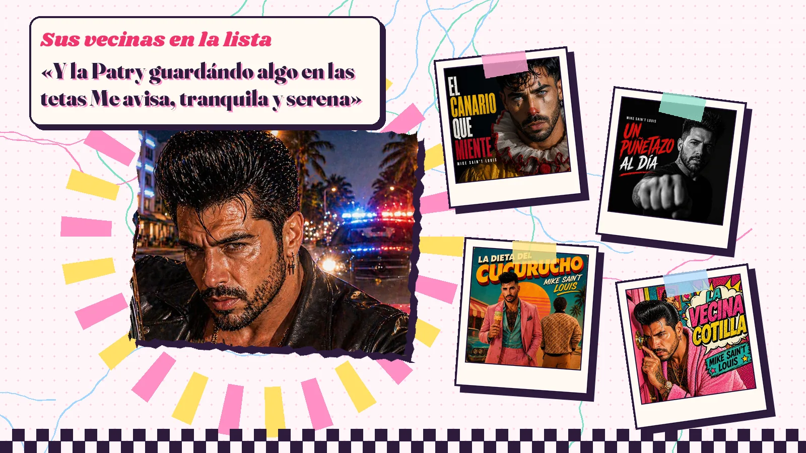 Collage with a detail of the «Ese chulito» cover art and the covers of «El canario que miente», «Un puñetazo al dia», «La dieta del cucurrucho» and «La vecina cotilla»