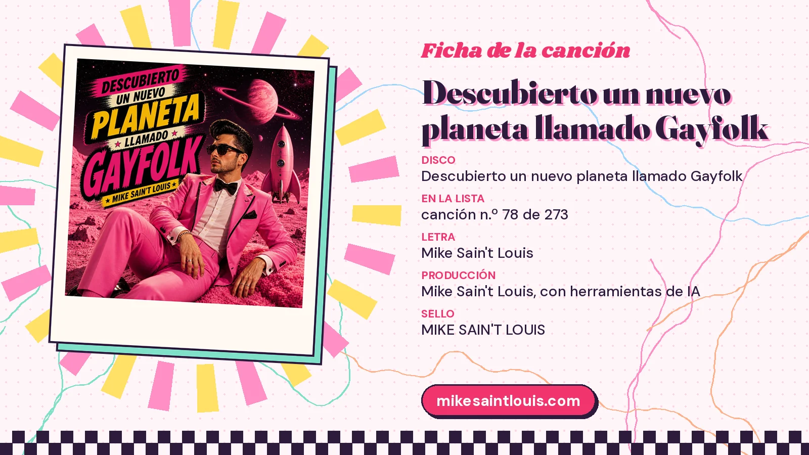 Ficha de la canción «Descubierto un nuevo planeta llamado Gayfolk» con su carátula: disco «Descubierto un nuevo planeta llamado Gayfolk», letra y producción de Mike Sain't Louis